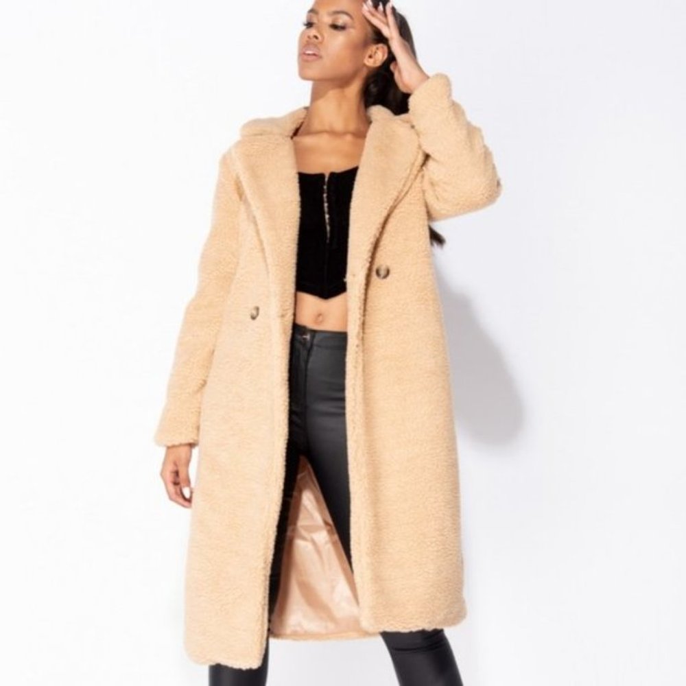 Camel Long Sleeve Loose Fit Double Breasted Long Maxi Teddy Bear Fur Coat - Picture 9 of 12